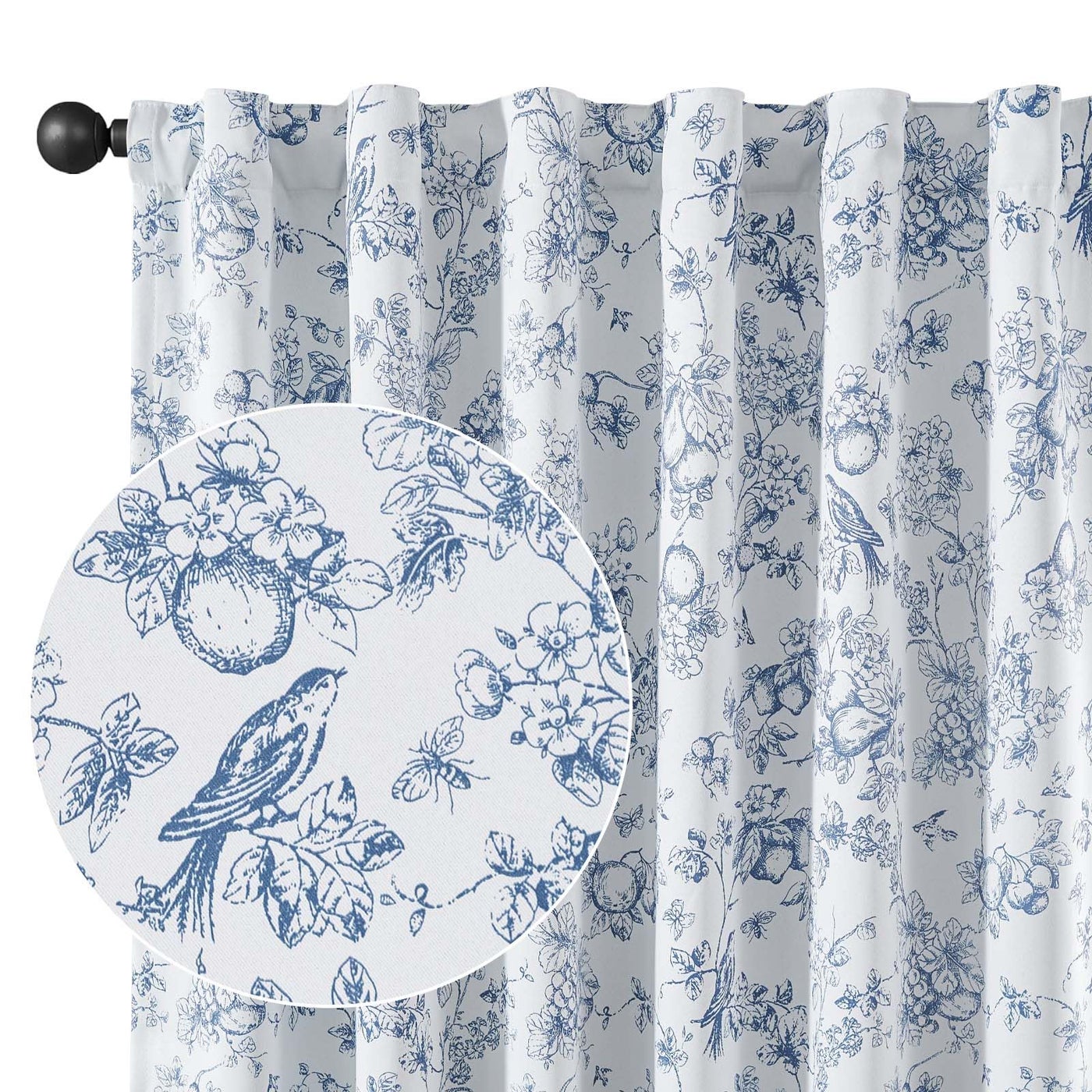 Vangao 100% Blackout Floral Curtains 63 Inch Length, Printed Flower Grey Blackout Curtains for Bedroom Rod Pocket Back Tab Full Blackout Curtains Thermal Insulated Window Drapes, 2 Panels Blue
