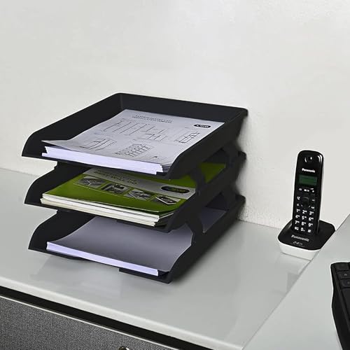 Primelife Plastic Stackable Paper Trays Organizer for Desk 3 Layer Foldable Letter Trays Plastic Office File Organizer Tray and Stacking Supports for File Storage, 24 x 33 x 27 CM (Black) - Image 4
