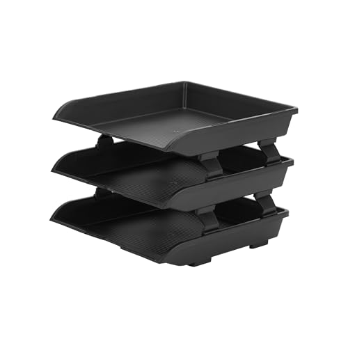 Primelife Plastic Stackable Paper Trays Organizer for Desk 3 Layer Foldable Letter Trays Plastic Office File Organizer Tray and Stacking Supports for File Storage, 24 x 33 x 27 CM (Black) - Image 1