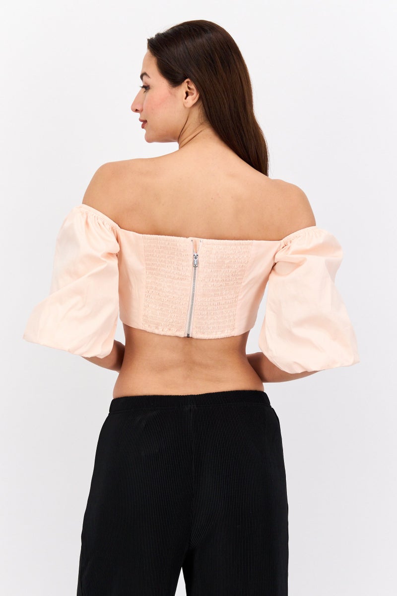 GUESS Women Sweetheart Neckline Puffed Sleeve Shirred Top, Pink  - Image 3