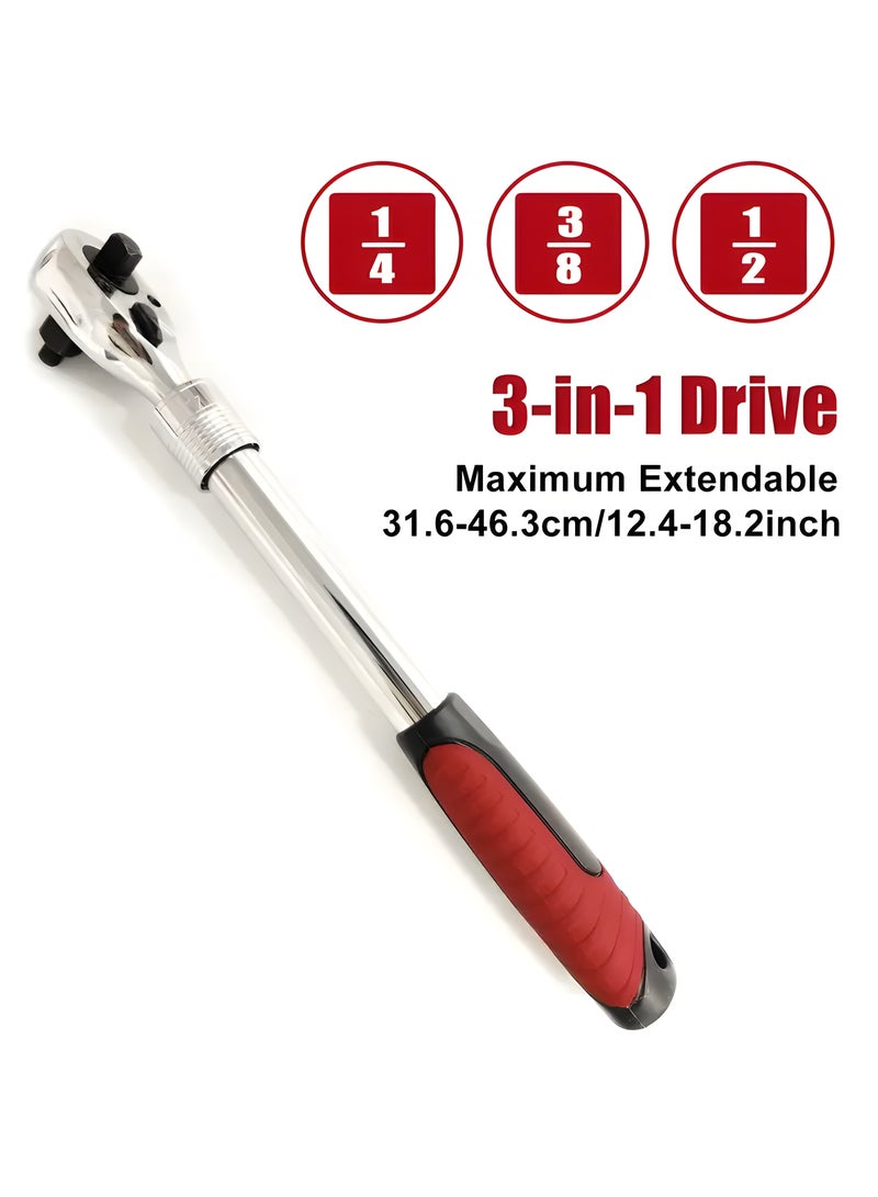CHT 3-in-1 Extendable Ratchet Wrench Set, 72-Tooth, 46.3 cm Length, Carbon Steel, 1/2, 3/8, 1/4 Drive - Image 2