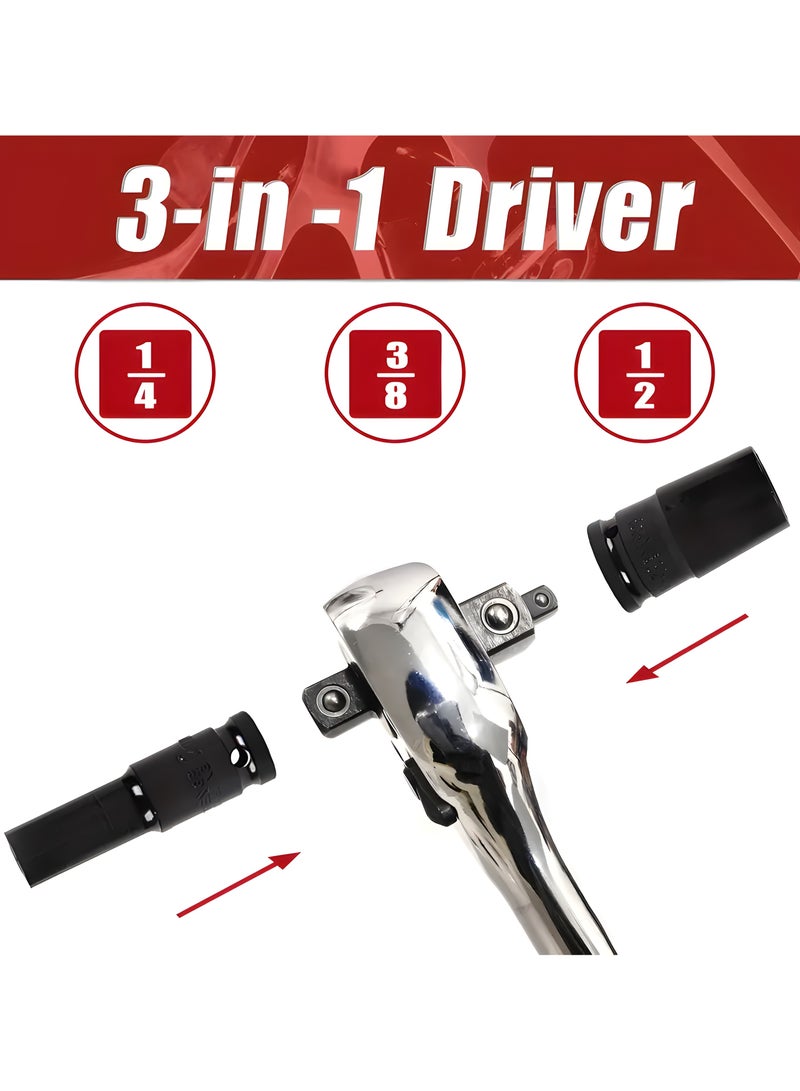 CHT 3-in-1 Extendable Ratchet Wrench Set, 72-Tooth, 46.3 cm Length, Carbon Steel, 1/2, 3/8, 1/4 Drive - Image 3