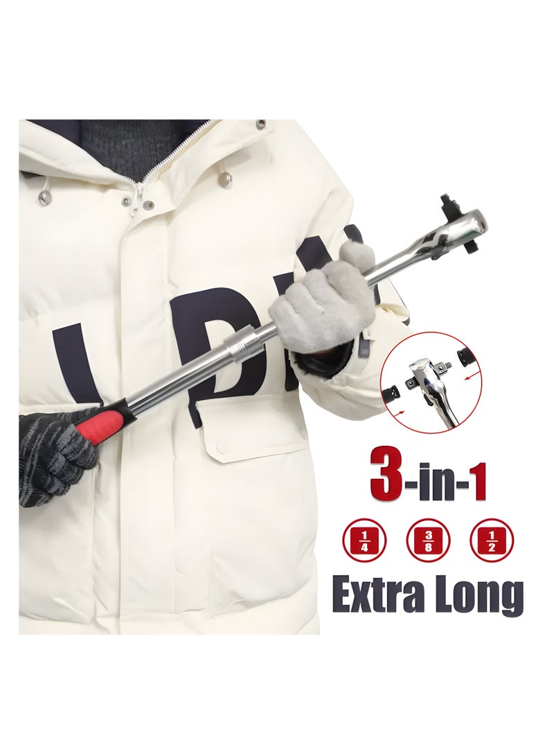 CHT 3-in-1 Extendable Ratchet Wrench Set, 72-Tooth, 46.3 cm Length, Carbon Steel, 1/2, 3/8, 1/4 Drive - Image 4