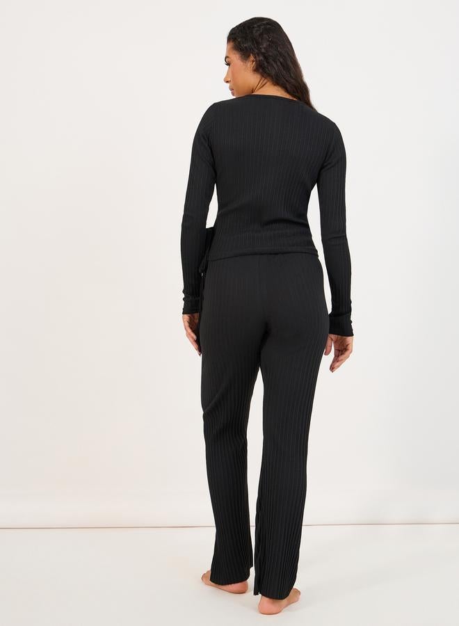 Styli Brushed Rib Wrap Tie Top and Flared Trouser Lounge Set - Image 5