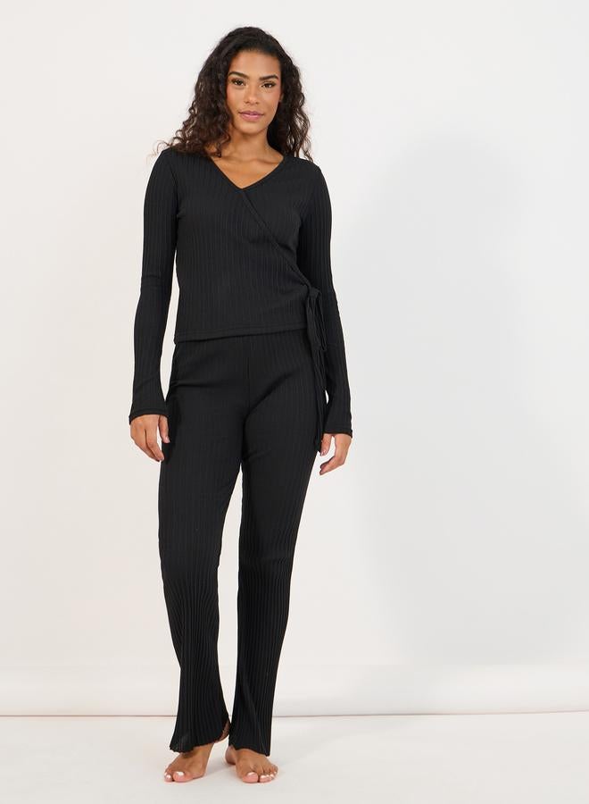 Styli Brushed Rib Wrap Tie Top and Flared Trouser Lounge Set - Image 2