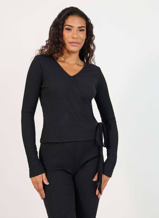 Styli Brushed Rib Wrap Tie Top and Flared Trouser Lounge Set - Image 3