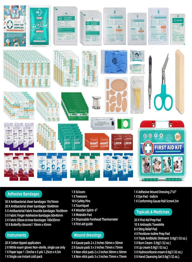 SuccorWare 225 Pieces First Aid Kit, Includes Ice Pack, Adhesive Bandages, Wound Gauze Pads, Portable First Aid Bag for Home, Car, Business, Travel, Outdoor Emergency Medical Kits - Image 4