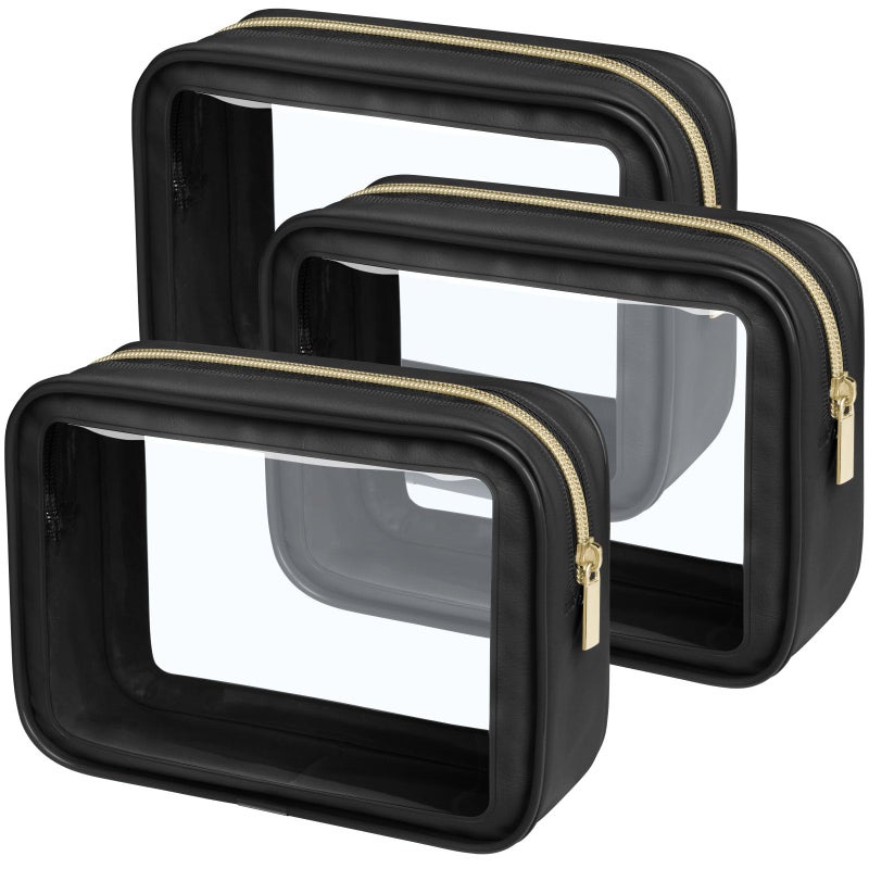 PACKISM Clear Makeup Bag 3 Medium - Soft Frame TSA Approved Toiletry Bag Perfect for Travel-size Bottles, Multipurpose Organizer Car Storage Bag with Color-Edged, Black - Image 1