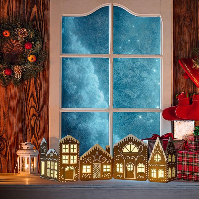 Christmas Gingerbread Houses Kit with Led Lights, 2 Sets 40 x 10 in Lighted DIY Foldable Cardboard Gingerbread House Village Set for Cabinet, Table, Mantel, Shelf, Light-Up Xmas Village Decoration - Image 5