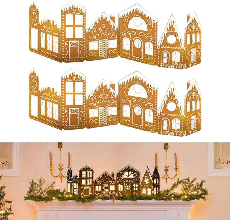 Christmas Gingerbread Houses Kit with Led Lights, 2 Sets 40 x 10 in Lighted DIY Foldable Cardboard Gingerbread House Village Set for Cabinet, Table, Mantel, Shelf, Light-Up Xmas Village Decoration - Image 2