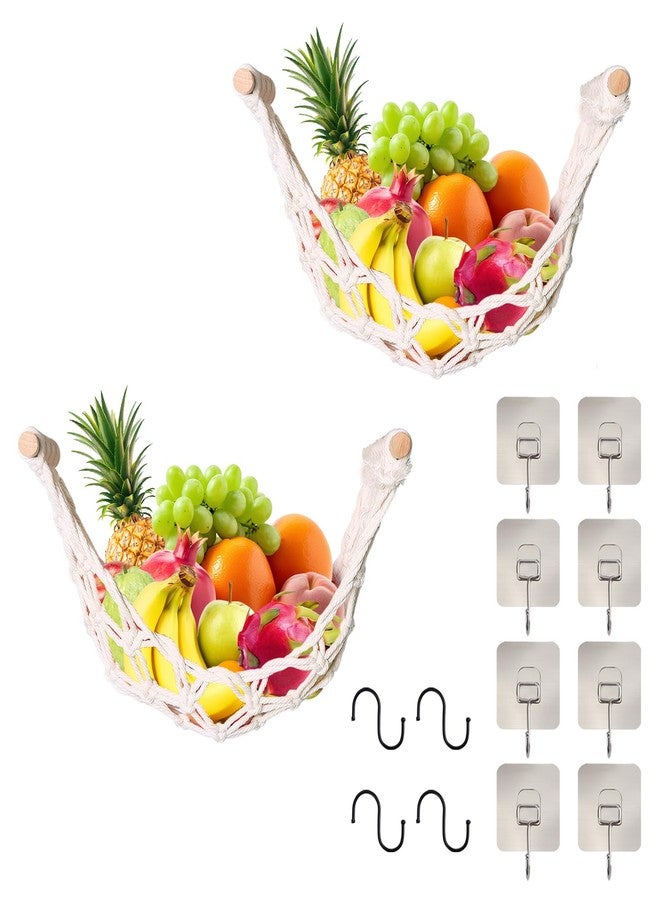 DIBALIYI 2 Pcs Fruit Basket Hammock Under Cabinet Adhesive, Woven Vegetable Hanging Basket, Fruit Storage for Kitchen with Banana Hooks, Mesh Fruit Holder Organization for Home Dining Room Decor (2Pcs) - Image 1