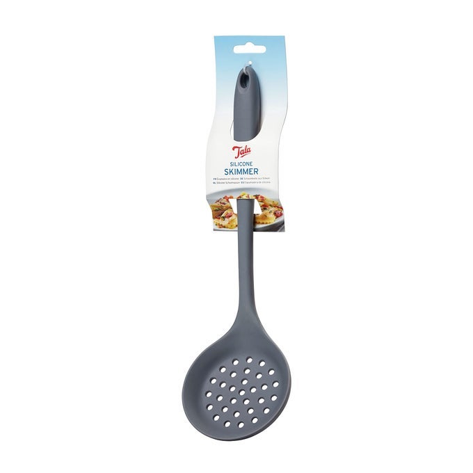 SILICONE SKIMMER IN GREY COLOUR HEAT RESISTANT UP TO 240 DEGREES AND IDEAL FOR STRAINING AND SKIMMING IDEAL TO USE WITH NONSTICK COOKWARE FLEXIBLE DESIGN WITH A NONSLIP GRIP HANDLE