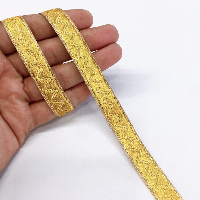 Lami 9 Meter Golden Zig Zag Design Lace Trim Ribbon DIY Sewing Craft Material, Home Decoration Supply, Saree Dupatta Anarkali Lehenga Decoration Lace, Brocate Gota Pati Decorative Packing Material - Image 1