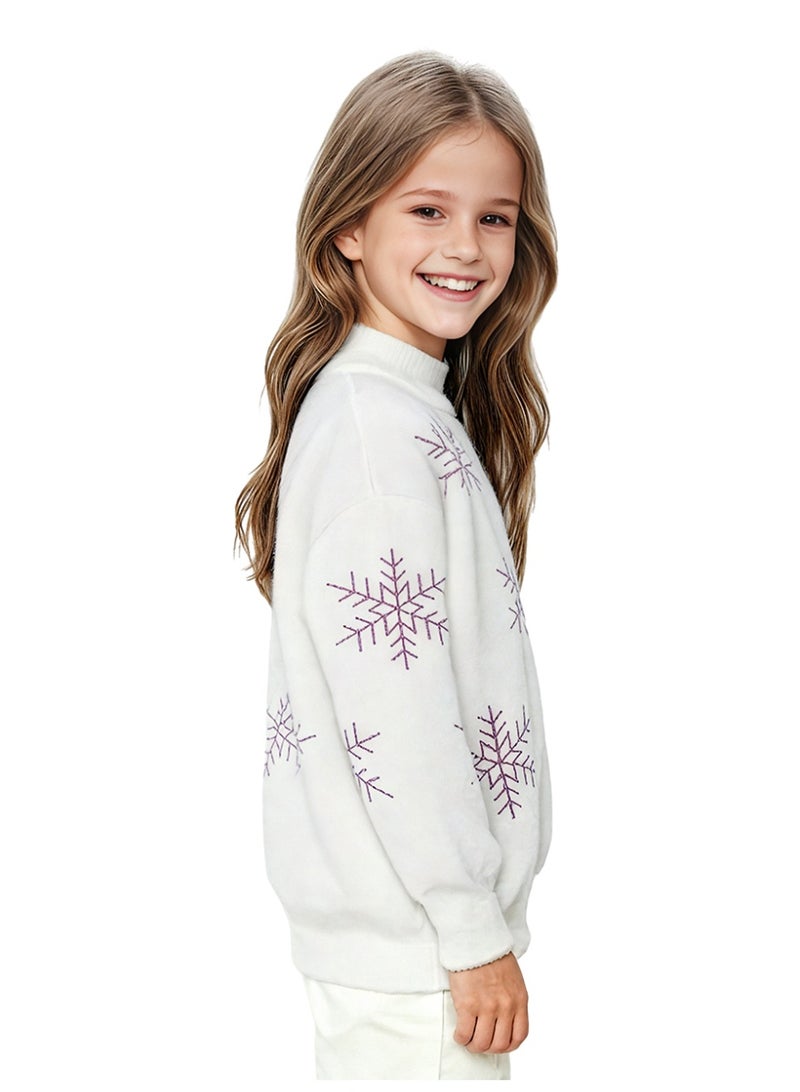 ويني بي بلوزة فتيات من الثلج مع دفء وناعم بنمط الكابل، بلوزة دنة شتوية طويلة الأكمام بنمط الثلج الأبيض للأطفال - Image 2