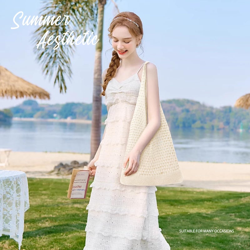 hatisan Crochet Bags for Women - Summer Beach Tote, Aesthetic Hippie Knit Bag (Beige) - Image 4