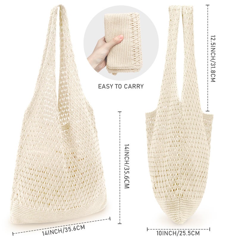 hatisan Crochet Bags for Women - Summer Beach Tote, Aesthetic Hippie Knit Bag (Beige) - Image 2