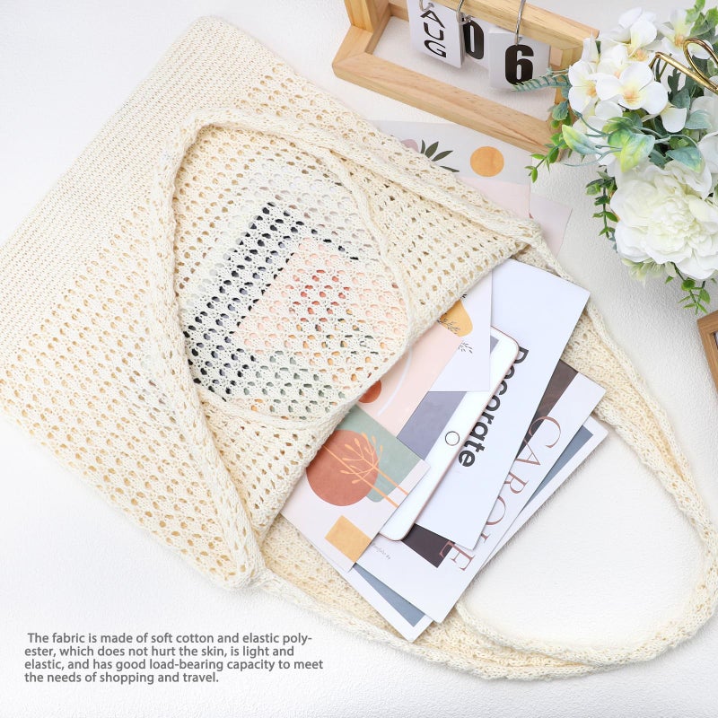 hatisan Crochet Bags for Women - Summer Beach Tote, Aesthetic Hippie Knit Bag (Beige) - Image 3