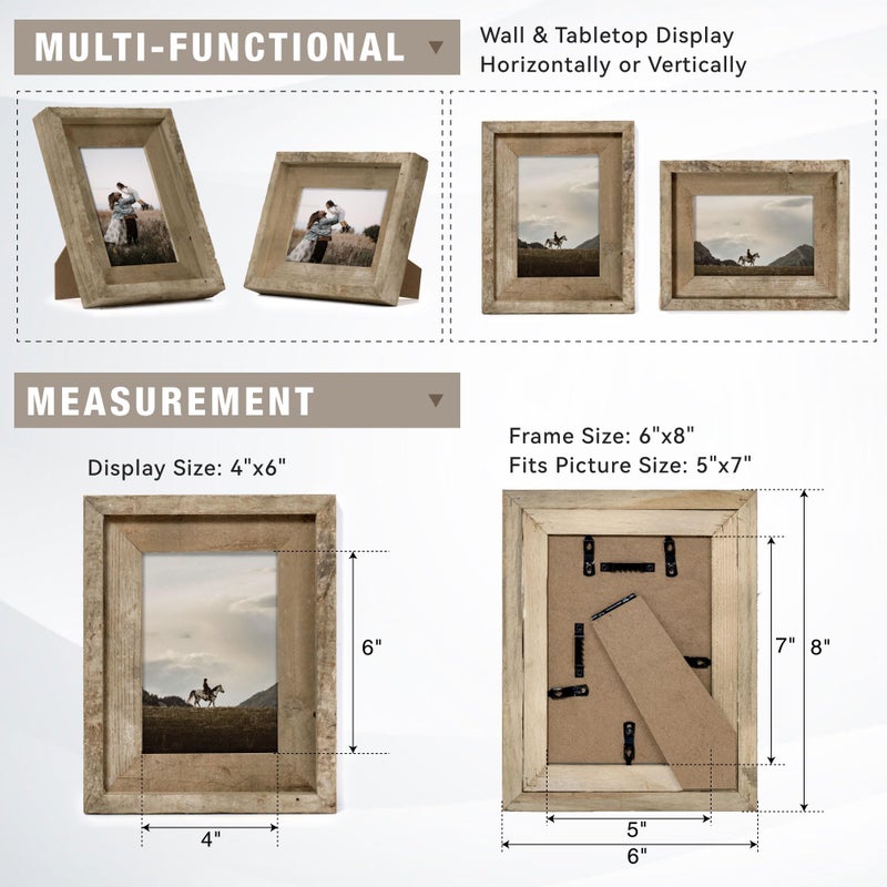 FLYJOE Rustic 5x7 إطار الصورة المستصلحة إطار Barnwood مع معرض معرض زجاجي مقسى مجموعة التثبيت أو عرض الجدول لملصقات الصور - Image 3