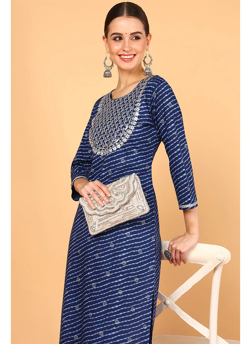 زيري سوق Navy Blue Cotton Leheriya Printed Straight Kurta
