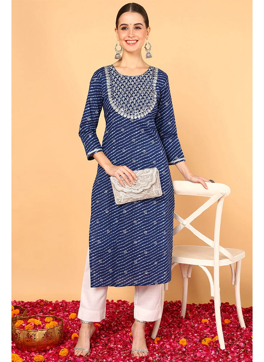 زيري سوق Navy Blue Cotton Leheriya Printed Straight Kurta