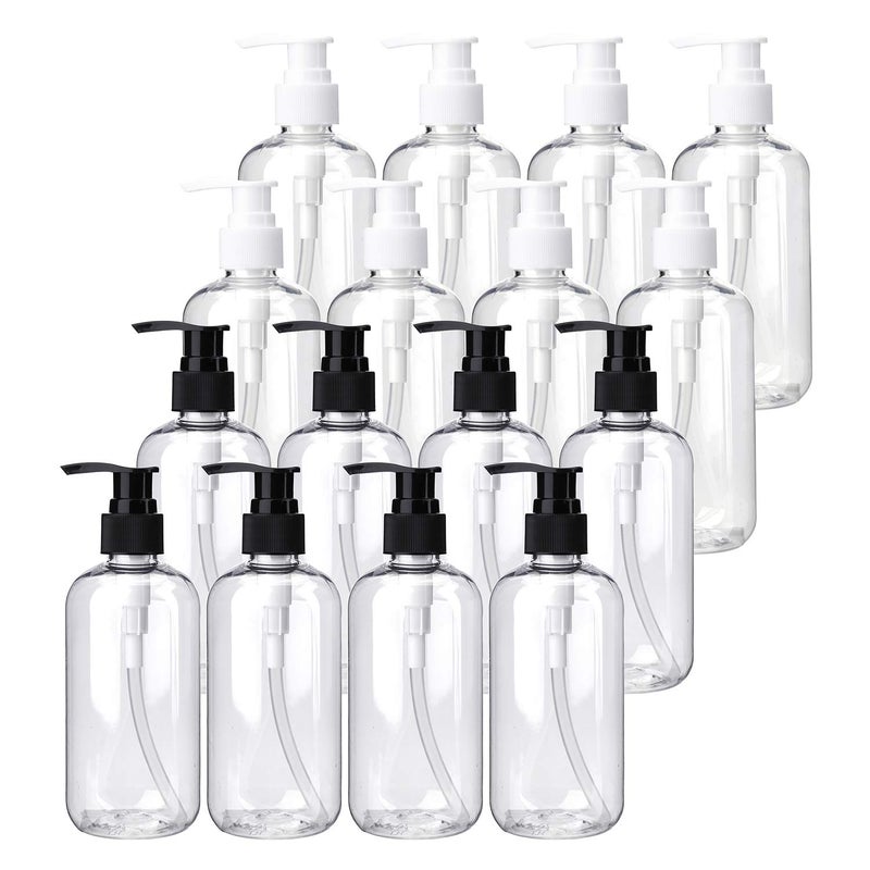 Bekith 16 Pack Empty Lotion Bottles with Black and White Pumps, 8oz Plastic Clear Round Bottles Containers for Creams, Hand Soap, Body Wash - Image 1