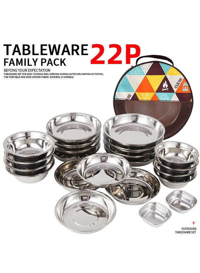 CLS 22PCS Portable Dinner Plates, Camping Tableware Set, Polished Stainless Steel Bowls Soup Pots, with Storage Bag, for Outdoor Cooking Camping Picnic Barbecue  - Image 2