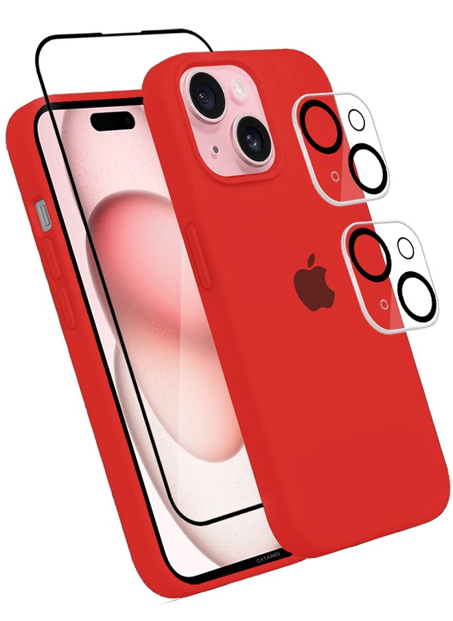 CATANES - 4 Packs For iPhone 15 Plus Case Screen Protector and 2 Camera Lens Protectors Upgrade Defender Silicone Cover Shockproof Anti-Scratch Protective Phone Case Red - Image 1