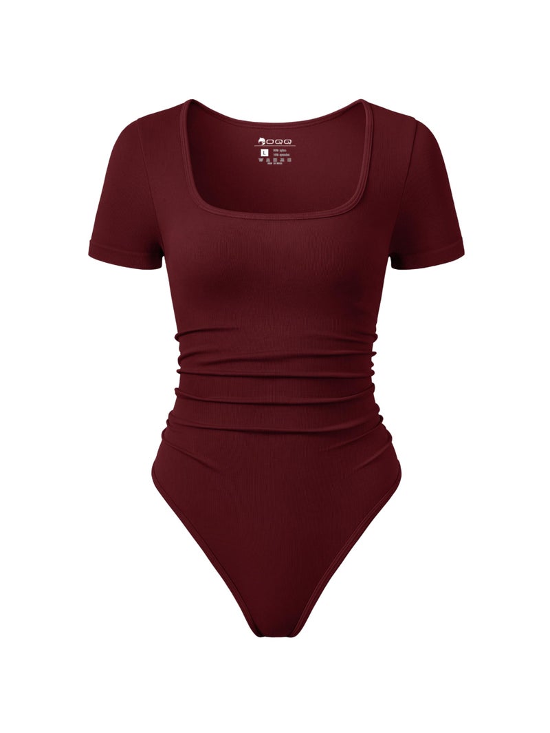 OQQ Women Bodysuits Ruched Short Sleeve Square Neck Stretch Lounge Travel Bodysuits Darkred - Image 1