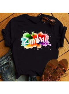 Zumba Floral Print Short Sleeve T-Shirt Womens Top Fashionable Casual Style round Neck Fit Type Polyester Fiber Modal Fabric 29-Black