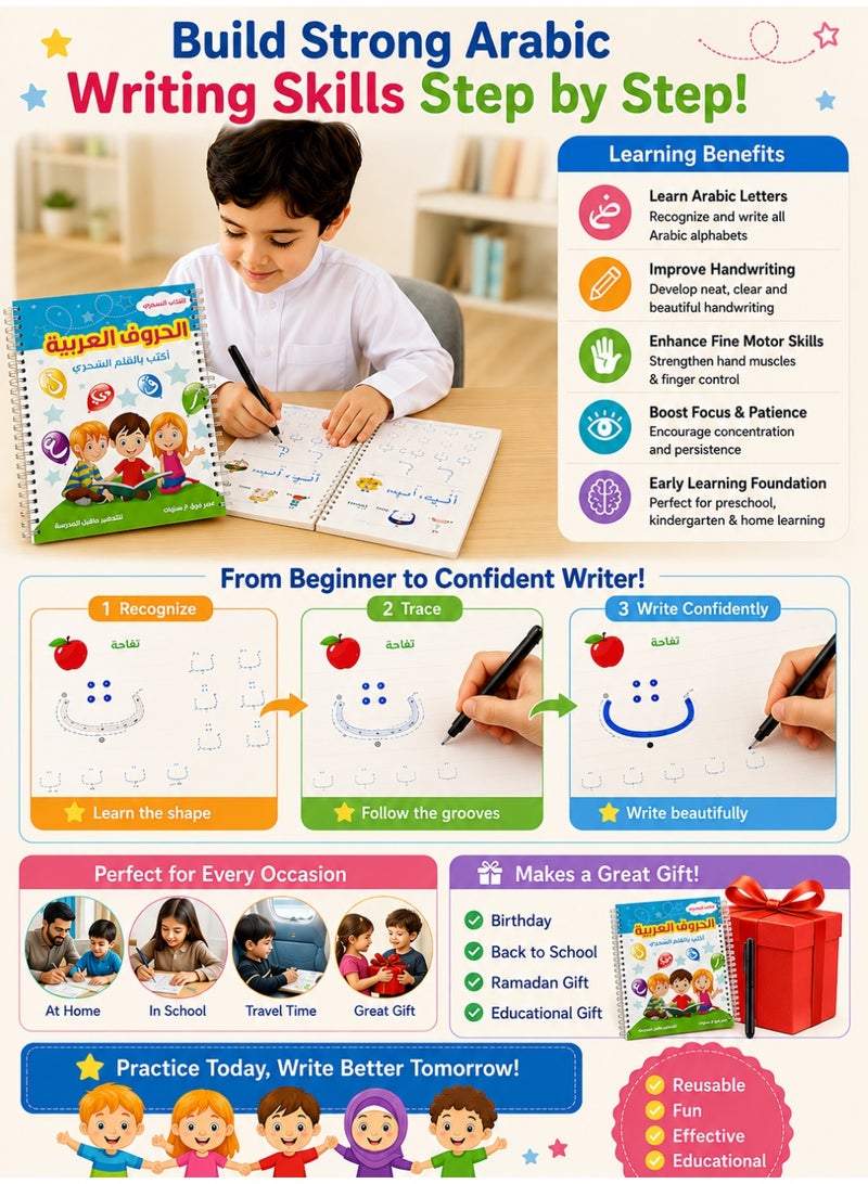 Arabic Alphabet Tracing Workbook for Kids 3–8 Years, Reusable Groove Handwriting Practice Copybook, Magic Fading Pen Learning Book, Preschool Arabic Writing & Calligraphy Educational Set - Image 5