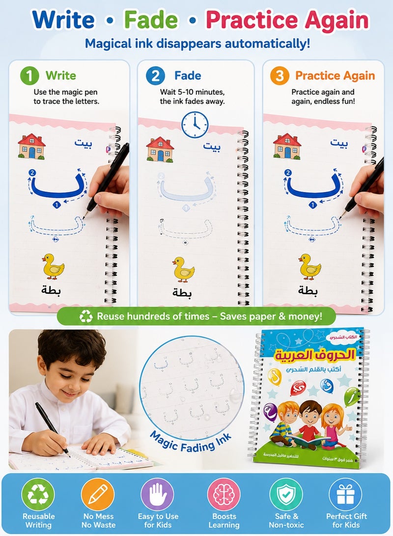 Arabic Alphabet Tracing Workbook for Kids 3–8 Years, Reusable Groove Handwriting Practice Copybook, Magic Fading Pen Learning Book, Preschool Arabic Writing & Calligraphy Educational Set - Image 2