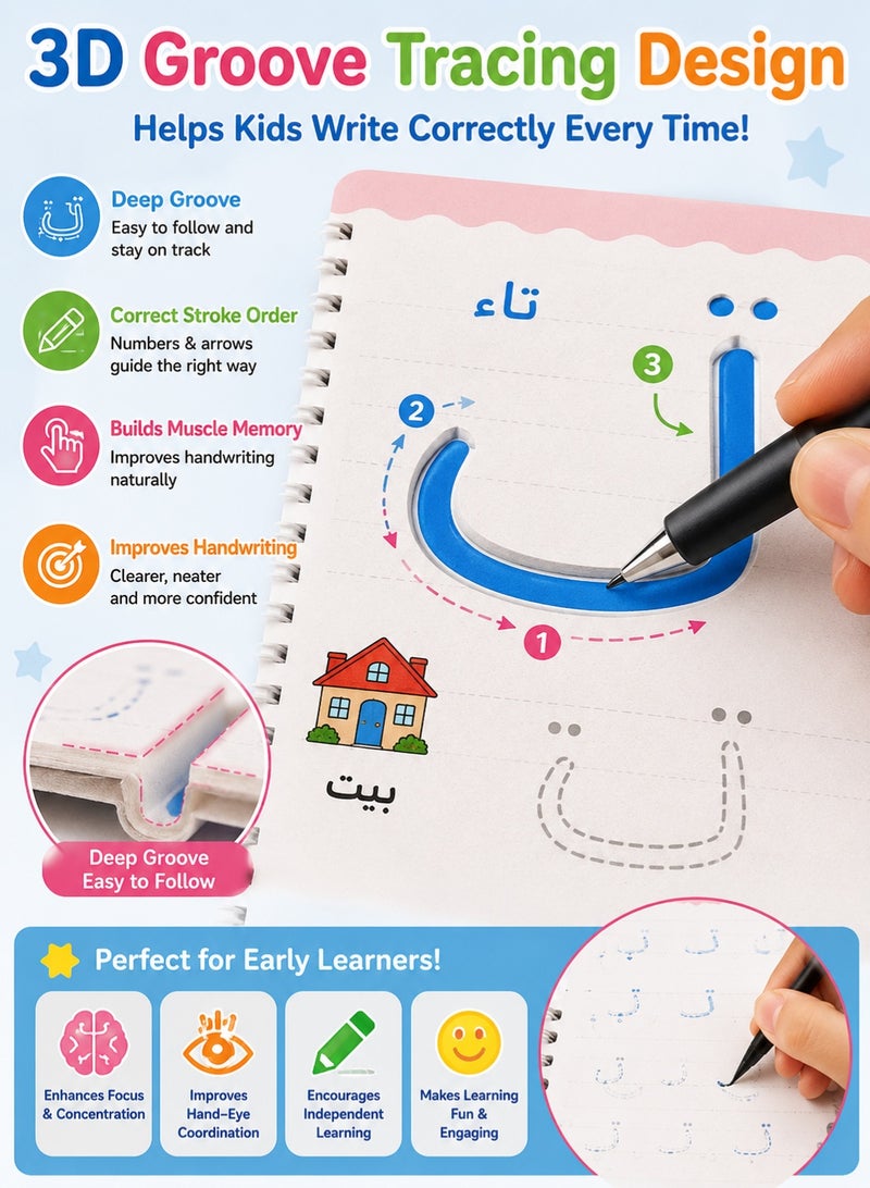 Arabic Alphabet Tracing Workbook for Kids 3–8 Years, Reusable Groove Handwriting Practice Copybook, Magic Fading Pen Learning Book, Preschool Arabic Writing & Calligraphy Educational Set - Image 3