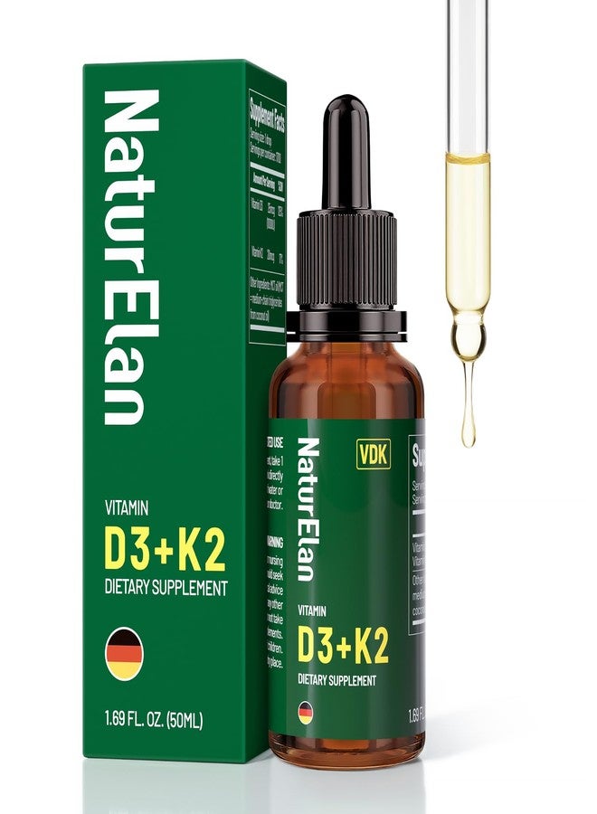 NaturElan قطرات فيتامين د3 ك2 - 1000 وحدة دولية من فيتامين د + 20 ميكروغرام من فيتامين ك2 (MK-7)، 1.69 أونصة سائلة (1700 جرعة)، مع زيت MCT، يدعم صحة العظام والمناعة والقلب والأسنان، تم اختباره من قبل جهة خارجية، نباتي، غير معدل وراثيًا، خالٍ من الغلوتين - Image 1