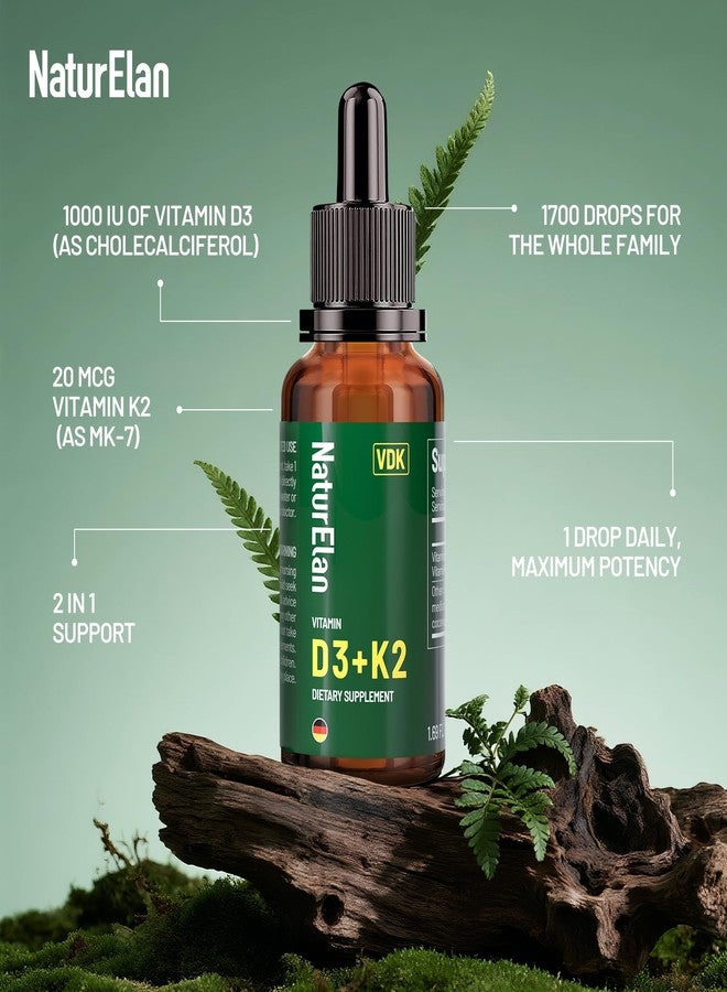 NaturElan قطرات فيتامين د3 ك2 - 1000 وحدة دولية من فيتامين د + 20 ميكروغرام من فيتامين ك2 (MK-7)، 1.69 أونصة سائلة (1700 جرعة)، مع زيت MCT، يدعم صحة العظام والمناعة والقلب والأسنان، تم اختباره من قبل جهة خارجية، نباتي، غير معدل وراثيًا، خالٍ من الغلوتين - Image 2