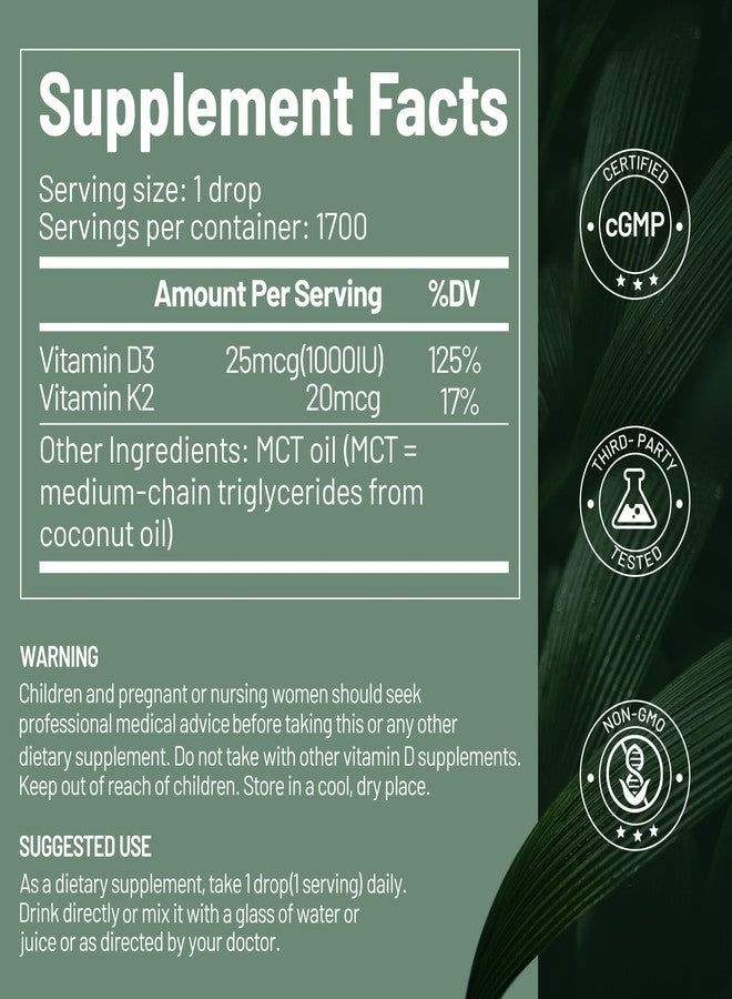 NaturElan قطرات فيتامين د3 ك2 - 1000 وحدة دولية من فيتامين د + 20 ميكروغرام من فيتامين ك2 (MK-7)، 1.69 أونصة سائلة (1700 جرعة)، مع زيت MCT، يدعم صحة العظام والمناعة والقلب والأسنان، تم اختباره من قبل جهة خارجية، نباتي، غير معدل وراثيًا، خالٍ من الغلوتين - Image 3