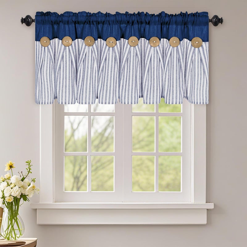 ASPMIZ Cotton Linen Kitchen Valance Curtains, Boho Rustic Button Valances for Windows Farmhouse Style, Blue Striped Valance Window Topper Treatment Tiers, Window Valances for Bathroom, 52 x 18 Inch - Image 1