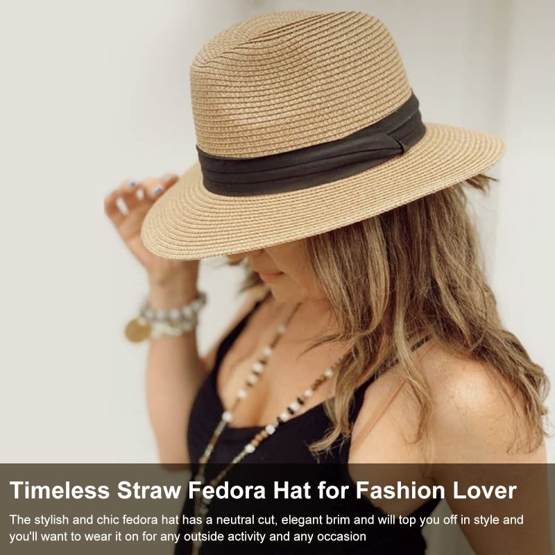 DRESHOW Women Straw Panama Hat Travel Fedora Beach Sun Hat Summer Wide Brim Straw Roll up Hats UPF 50+ - Image 3
