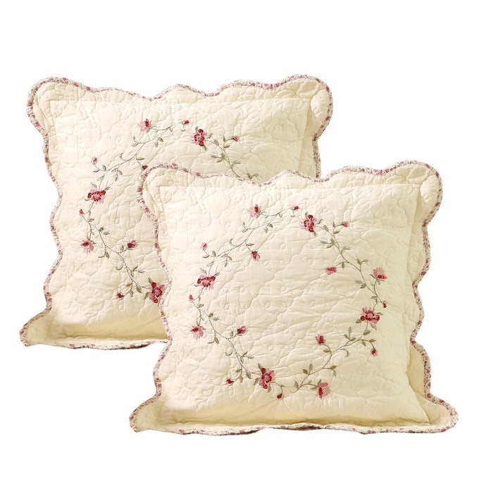 SET OF 2 COTTON QUILTED EMBROIDERED DECORATIVE SQUARE THROW PILLOW COVERS WITH SCALLOPED FLORAL SOFT CUSHION CASE FOR COUCH SOFA BED FLOWER D18X18