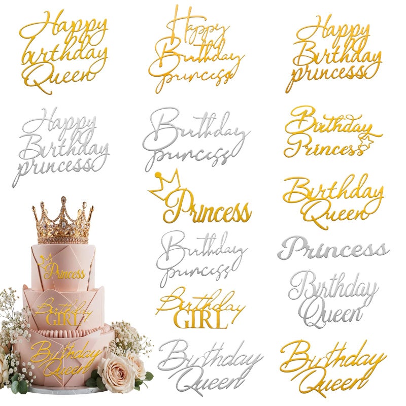 HaiFafafaing 14pcs Birthday Queen Cake Topper Acrylic Gold Happy Birthday Queen Cake Topper for Women Queens Birthdays Decorations Cakes Decoration for Women Girls Valentine's Day Mother's Day - Image 1