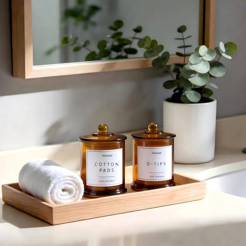Ronasip Qtip Holder & Cotton Pad Dispenser, Bathroom Organizer and Storage Canisters, 16oz Glass Apothecary Jars for Kitchen, Restroom - Home Decor Accessories, Room Decor Aesthetic (2 Pack, Amber) - Image 2