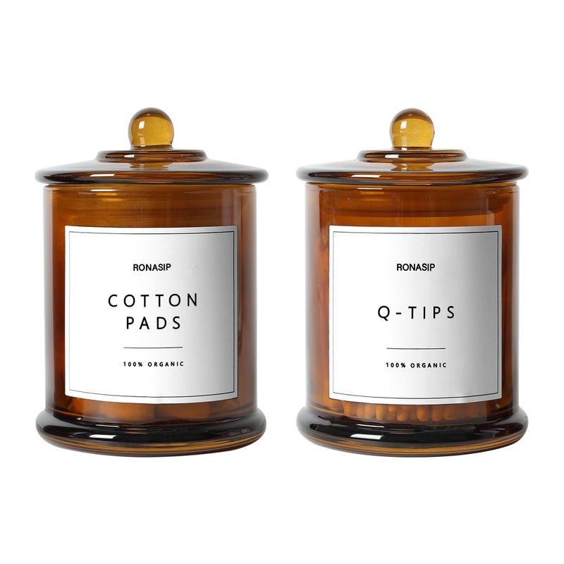 Ronasip Qtip Holder & Cotton Pad Dispenser, Bathroom Organizer and Storage Canisters, 16oz Glass Apothecary Jars for Kitchen, Restroom - Home Decor Accessories, Room Decor Aesthetic (2 Pack, Amber) - Image 1