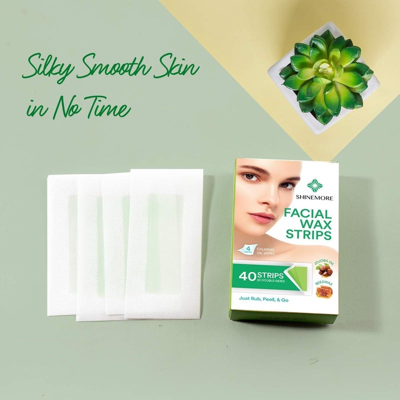 ShineMore Facial Wax Strips for Hair Removal - Hypoallergenic for All Skin Types - Gentle and Fast-Working for Face, Eyebrow, Upper Lip, and Chin (40 Strips + 4 Calming Oil Wipes NATURE Ingredients) - Image 5