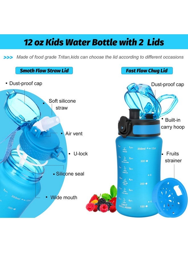 OLDLEY Kids Water Bottle For School 12 Oz (2 Lids) Bpafree Reusable Leakproof Durable Tritan Plastic Water Bottles With Straw & Chug Lids Antidust Spout Cover (Blue) - Image 3
