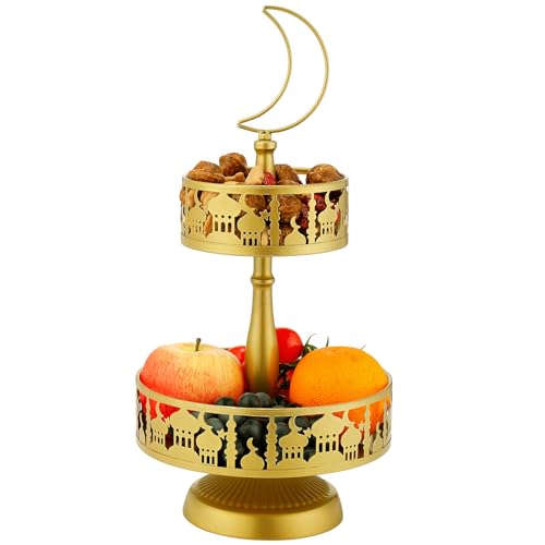 ANPHSIN 2 Tiered Ramadan Serving Trays Decorations for Home Eid Mubarak Metal Platters Table Decor Gifts Islam Muslim AlFitr Iftar Party Food Display Dishes Palace Pattern - Image 1