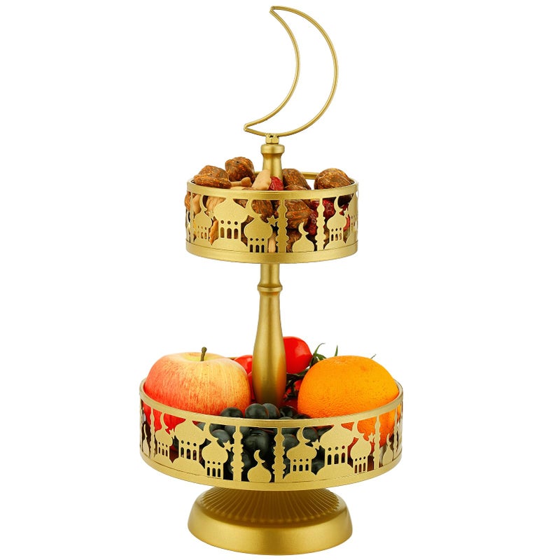ANPHSIN 2 Tiered Ramadan Serving Trays Decorations for Home Eid Mubarak Metal Platters Table Decor Gifts Islam Muslim AlFitr Iftar Party Food Display Dishes Palace Pattern - Image 2