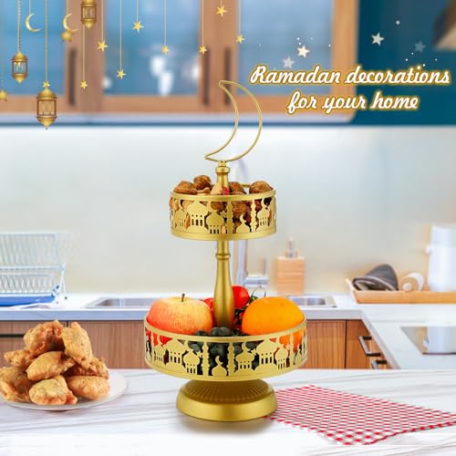 ANPHSIN 2 Tiered Ramadan Serving Trays Decorations for Home Eid Mubarak Metal Platters Table Decor Gifts Islam Muslim AlFitr Iftar Party Food Display Dishes Palace Pattern - Image 3