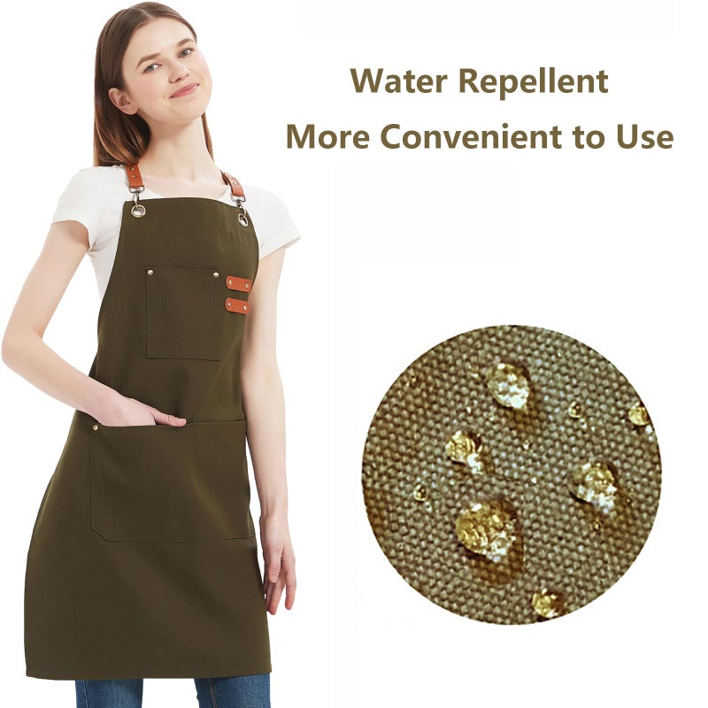AFUN Chef Aprons for Women Men with Large Pockets, Cotton Canvas Cross Back Water Repellent Work Apron, Size M to XXL (Grey Green) - Image 2