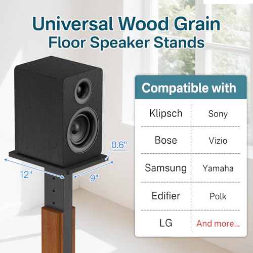 Rimous Height Adjustable Speaker Stands Pair with Most Satellite Studio Bookshelf Speakers Wood Grain Floor Speaker Stands for Klipsch Edifier JBL Bookshelf Speaker Stands Holds 50Lbs with Cable Clips - Image 3