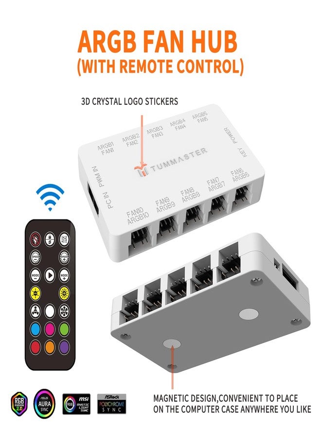 TUMMASTER ARGB Fan HUB, 10-Port 4 Pin PC Fan Controller, 5V-3Pin ARGB Fan Hub, Magnetic Suction, SATA Power Input,RF Remote & Chassis Key Control,Controller Support 10 ARGB PWM Fans Splitter,White - Image 4