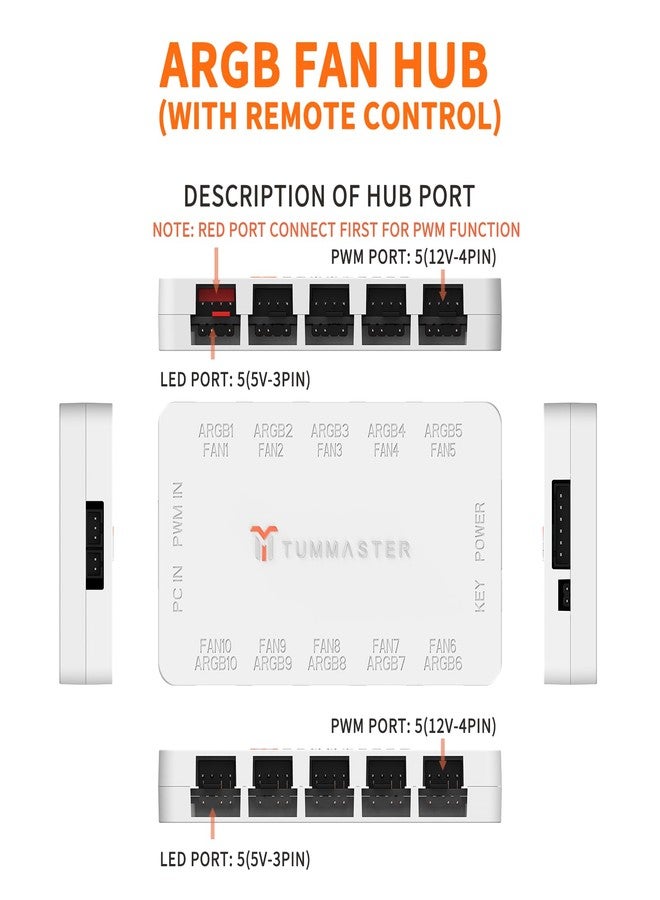 TUMMASTER ARGB Fan HUB, 10-Port 4 Pin PC Fan Controller, 5V-3Pin ARGB Fan Hub, Magnetic Suction, SATA Power Input,RF Remote & Chassis Key Control,Controller Support 10 ARGB PWM Fans Splitter,White - Image 3